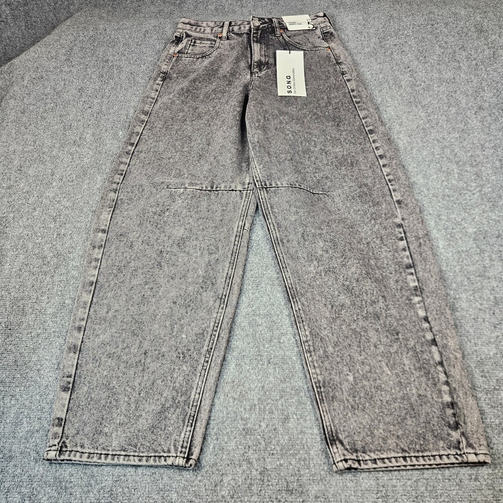 SONG Mid Rise Barrel Jeans Grey Acid Wash Cinch Back Size 5 27 NWT